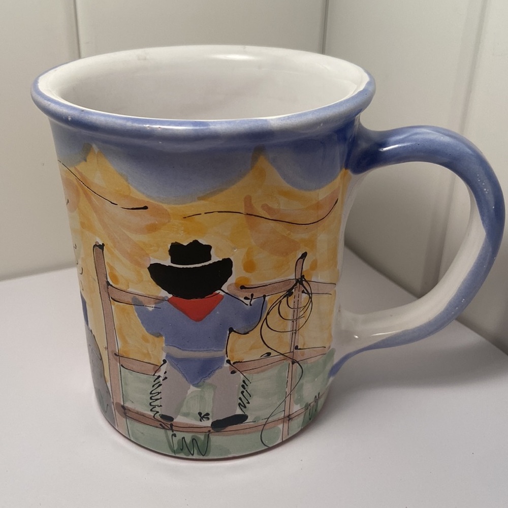 Vintage Cowboy mug outdoor western scene Hand Painted art Mug Artist signed - Picture 13 of 16